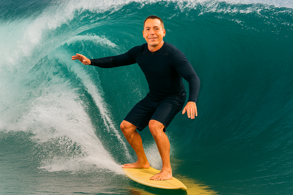 OwntheWave Jan Michael Rasimus surft auf einem gelben Surfbrett hinter ihm überschlägt sich die Welle